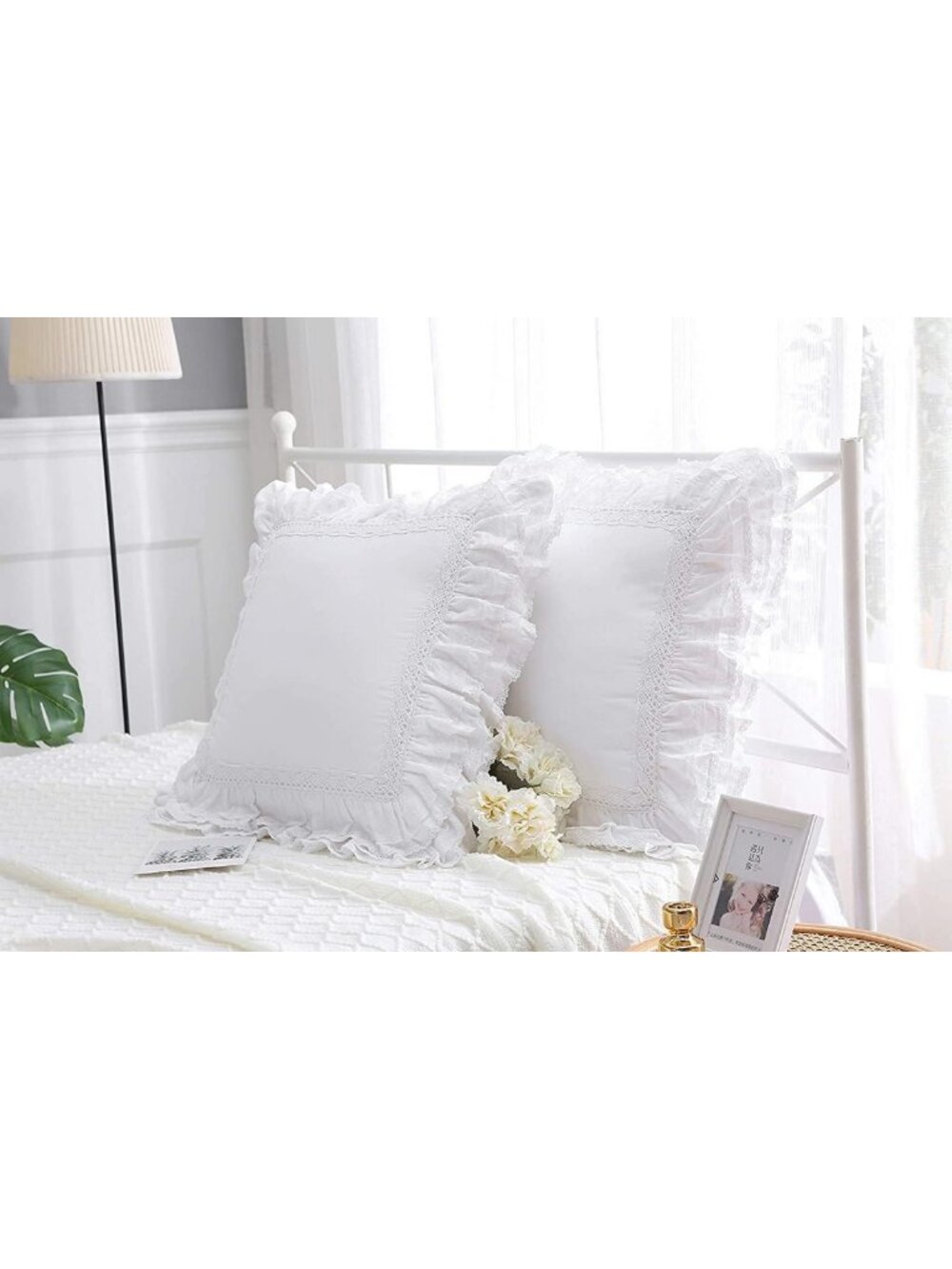 Elegant White Lace Throw Pillow Covers - 24" Euro Shams with Ruffles, 2-Pack